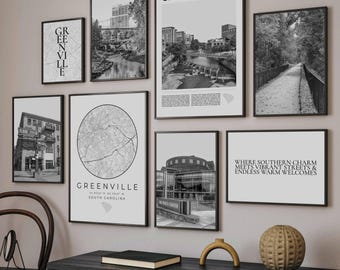 Greenville SC Print Set Of 8, Black and White Greenville SC Wall Art Photo, Greenville Map Decor, Greenville Travel Poster, Greenville Gifts