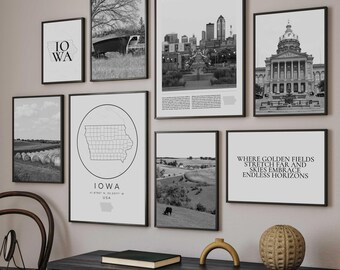 Iowa Print Set Of 8, Black and White Iowa State Map Decor, Iowa Wall Art Photos, Digital Travel Poster Printable, Iowa Photography Gifts