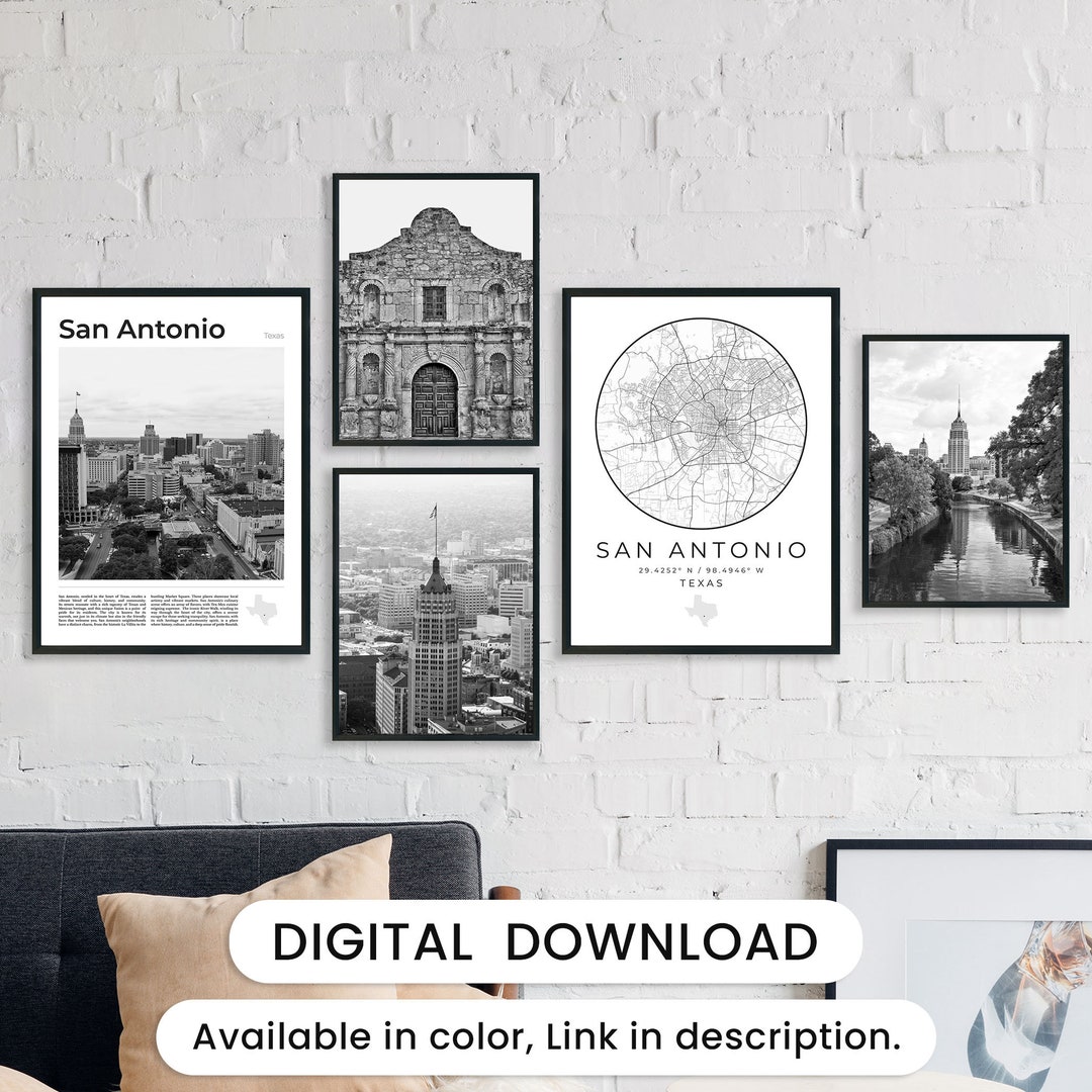 Digital San Antonio Black and White Print Set Of 5, San Antonio Map