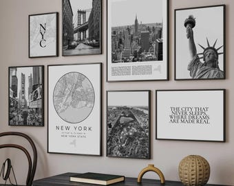 New York Print Set of 8, Black and White New York City Map Decor, Digital New York Wall Art Photo, New York Travel Poster NYC Printable Gift