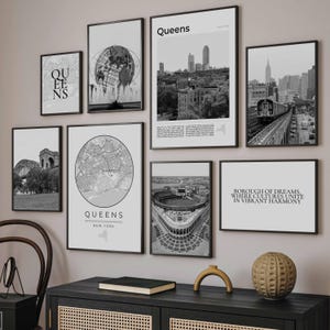 Digital Queens Poster Set Of 8, Queens Black and White Prints, Queens Map Decor, Queens NY Wall Art, New York Gift, NYC Queens Travel Poster