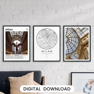 Digitale Milaan print set van 3 muurkunst, Italië poster vintage, kaart Milaan print, kaart Italië, Milaan stratenplan, Europa stad Milaan kathedraal kunst