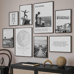 Encinitas California Print Set Of 8, Black and White Encinitas Map Decor, Encinitas Wall Art Photo, Encinitas Travel Poster Coast Beach Gift