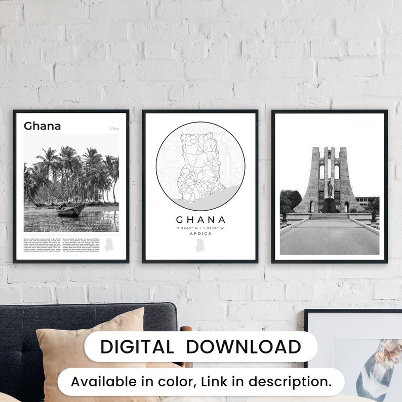 Digital Ghana Black and White Print Set of 3, Ghana Map, Ghana Poster