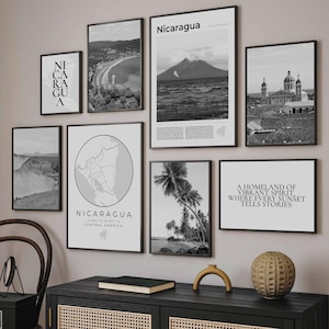 Digital Nicaragua Print Set of 8, Black and White Nicaragua Map Decor, Nicaragua Travel Poster, Nicaragua Wall Art Photo, Nicaragua Gifts