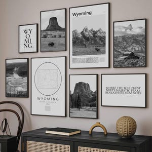 Wyoming State Print Set Of 8, Digital Black And White Wyoming Map Decor, Grand Teton Wall Art Photo, Yellowstone Travel Poster, Wyoming Gift