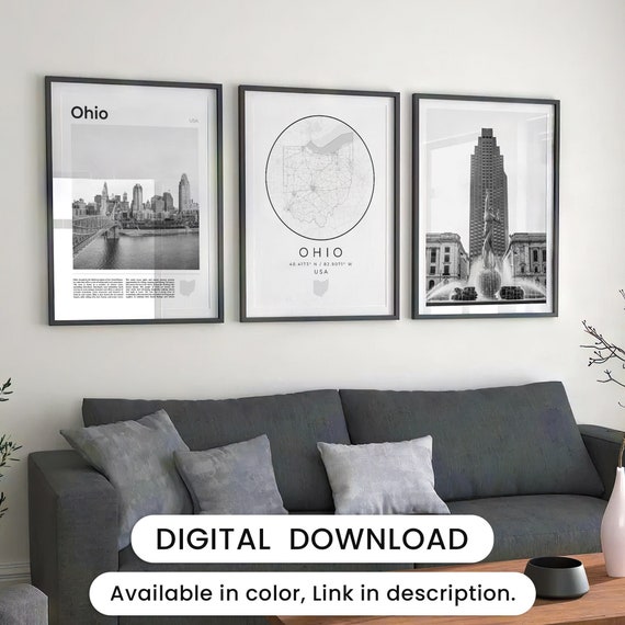 Digital Ohio Black and White Print Set of 3 Ohio Map Ohio Poster Ohio Wall Art Ohio Decor Ohio Art Photography USA Ohio State Photo Etsy