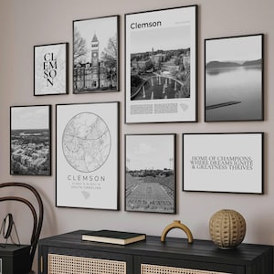 Clemson South Carolina Print Set Of 8, Black White Carolina Map, Tillman Hall Poster, Clemson University Gift, Memorial Stadium SC Wall Art