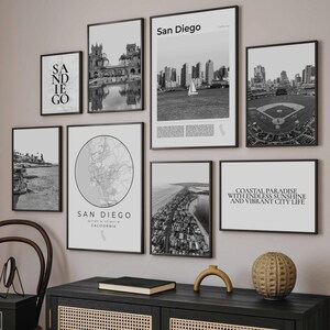 San Diego Print Set Of 8, Black And White San Diego Poster, La Jolla Wall Art, Balboa Park, Mission Beach Photo, Petco Park San Diego Poster