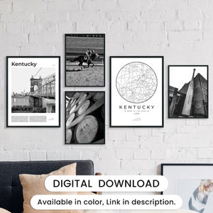 Digital Kentucky Black and White Print Set Of 5, Kentucky Map, Kentucky Posters Wall Art, Kentucky State Wall Decor, US Kentucky Photo, USA