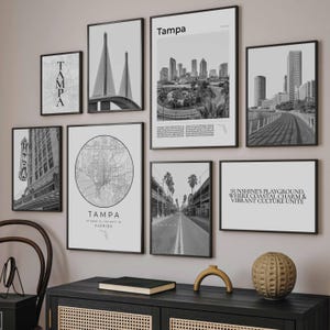 Tampa FL Prints Set Of 8, Tampa Wall Art Pictures, Black and White Tampa Map Decor, Tampa Florida Travel Posters, Tampa Gifts, Tampa Photos