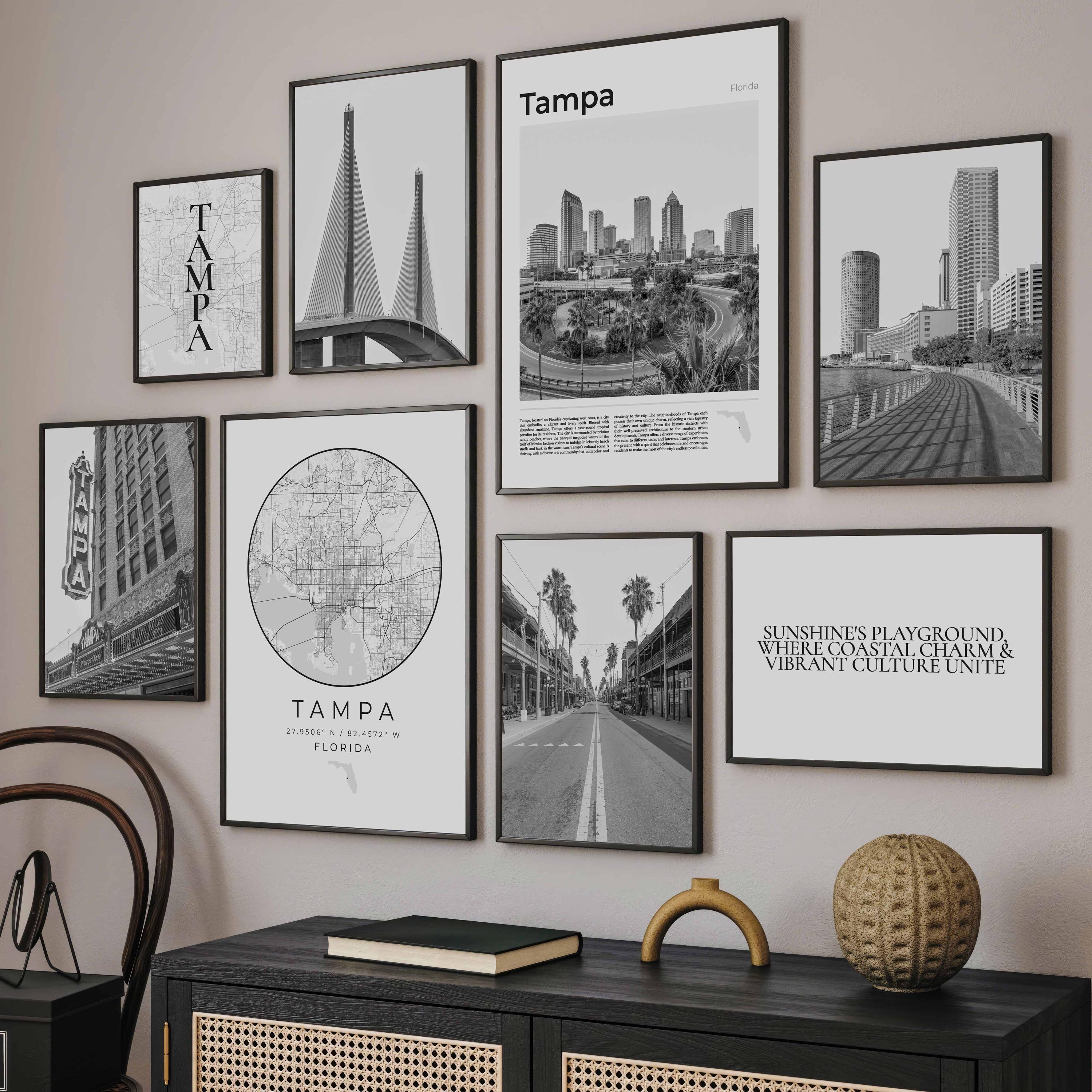 Tampa FL Prints Set Of 8, Tampa Wall Art Pictures, Black and White Tampa Map Decor, Tampa Florida Travel Posters, Tampa Gifts, Tampa Photos