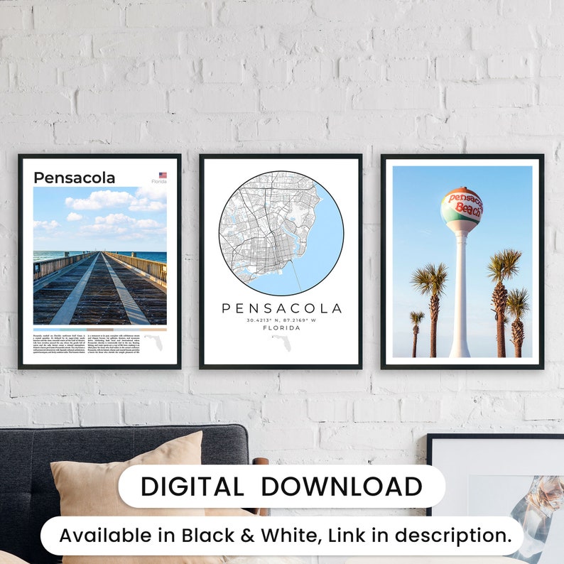 Digital Pensacola Florida Prints Set of 3, Pensacola Map Decor