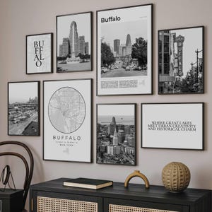 Buffalo Print Set Of 8, Black and White Digital Buffalo Wall Art Photos, Buffalo New York Map Decor, Buffalo Gifts, Buffalo NY Travel Poster