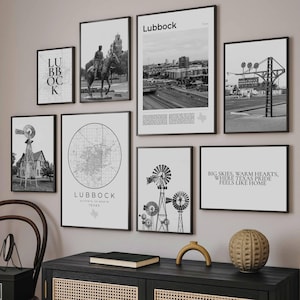 Lubbock Print Set Of 8, Lubbock Texas Poster, Black and White Lubbock Map, Texas Tech University Decor, Lubbock Gift, Lubbock Wall Art Photo
