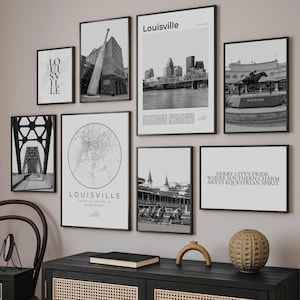 Louisville Print Set Of 8, Black and White Louisville Map, Louisville Wall Art Photo, US Louisville Kentucky Gifts, Louisville Travel Poster