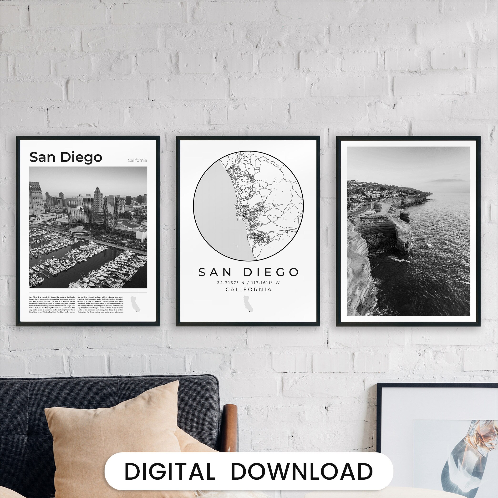 Digital San Diego Black and White Print Set of 3, San Diego Map Art ...
