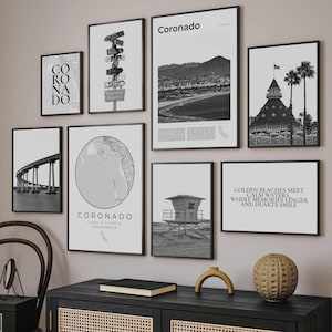 Coronado CA Prints Set Of 8, Black and White Coronado Map Decor, California Wall Art Photos, Coronado Beach Travel Poster, San Diego Gifts