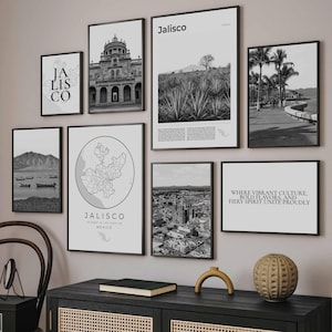 Jalisco Print Set Of 8, Black and White Jalisco Map Decor, Tequila Wall Art, Puerto Vallarta Photos, Lake Chapala, Guadalajara Travel Poster