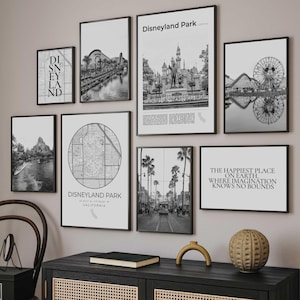 Disneyland Park Print Set Of 8, Black And White Disneyland Park Map Decor, California Wall Art Photos, Disneyland CA Travel Poster Gifts