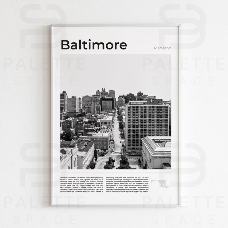 Digital Baltimore Black and White Print Set of 3, Baltimore Map