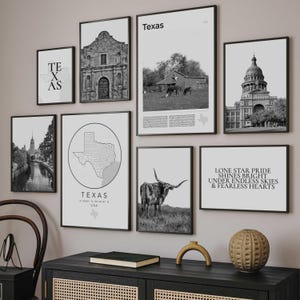 Puede incluir: Una colección de láminas en blanco y negro enmarcadas con imágenes de Texas. Las láminas incluyen el Álamo, el Capitolio del Estado de Texas, un longhorn y el texto "Lone Star Pride". Las láminas se exhiben en una pared beige claro.
