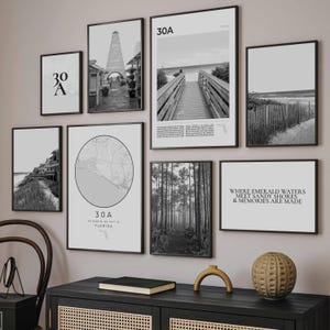 Highway 30A Florida Print Set of 8, Black and White 30A Map Decor, 30A Wall Art Photography, 30A Travel Poster, 30A Artwork Florida 30A Gift