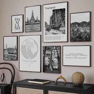 Thailand Black and White Print Set Of 8, Digital Thailand Art Photos, Thailand Poster, Thailand Map Decor, Thailand Wall Art, Thailand Gifts