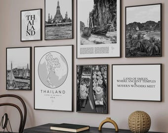 Thailand Black and White Photo Print Set: Travel Art, Map Decor (Digital Download)