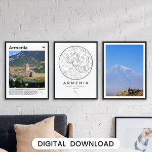 Set di 3 stampe digitali dell'Armenia, mappa dell'Armenia, poster dell'Armenia, galleria fotografica dell'Armenia, decorazioni fotografiche di Yerevan, arte murale armena, Asia