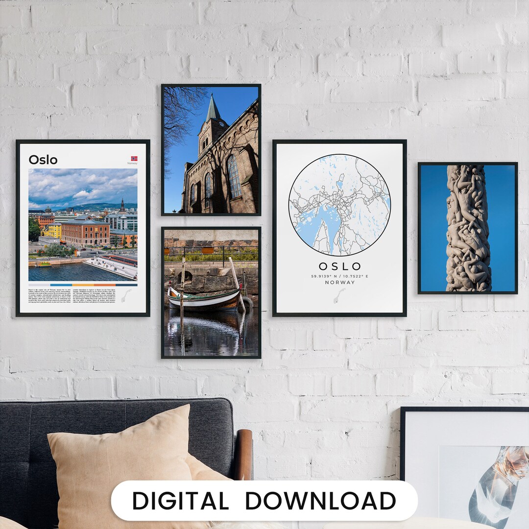 Digital Oslo Poster Set of 5 Wall Art, Oslo Print, Oslo Map Art, Oslo