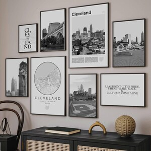 Cleveland Ohio Print Set Of 8, Black and White Cleveland Map Decor, Cleveland OH Wall Art Photos, Cleveland Travel Poster, Cleveland Gifts
