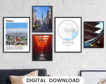 Juego de 5 láminas artísticas de Tokio: Mapa de la ciudad, fotografía callejera (descarga digital)