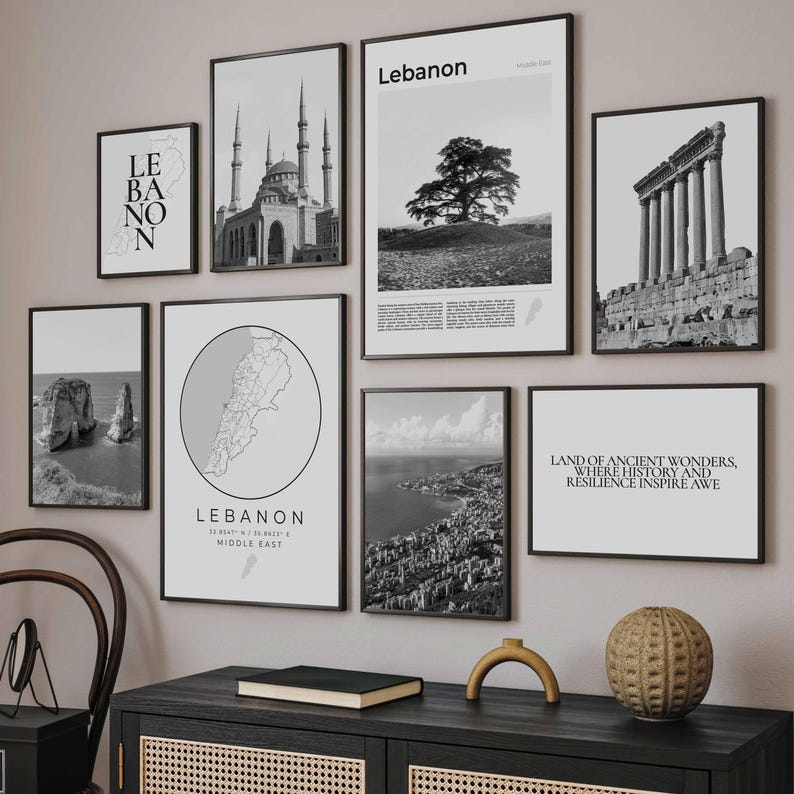 Lebanon Print Set Of 8, Black And White Lebanon Map Decor, Lebanon Art Photo, Lebanon Travel Poster, Lebanon Wall Art Pictures, Lebanon Gift