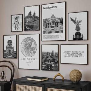 Mexico City Print Set Of 8, Black and White Mexico City Map Decor, Mexico Wall Art Photo, Digital Mexico Skyline Travel Poster, Mexico Gifts