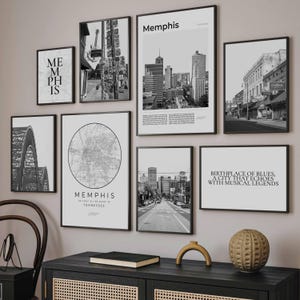 Memphis Print Set Of 8, Black and White Memphis Map Decor, Memphis Wall Art Photo, Digital Memphis Travel Poster, Memphis Tennessee Art Gift