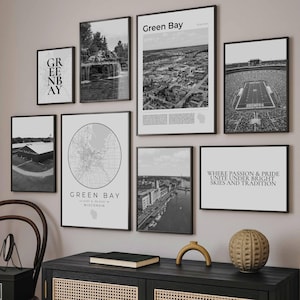 Green Bay Wisconsin Print Set Of 8, Black and White Green Bay WI Wall Art Photo, Green Bay Travel Poster, Green Bay Map Decor Green Bay Gift