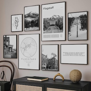 Flagstaff Print Set Of 8, Black and White Flagstaff Arizona Mountain Wall Art Photos, AZ Flagstaff Travel Poster, Flagstaff Map Decor Gifts