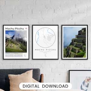 Machu Picchu print set van 3 muurkunst, Peru kaart print, Cusco Peru print, Zuid-Amerika kaart kunst, Peru Inca, Peruaanse poster, heilige vallei