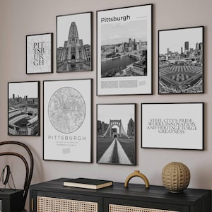 Pittsburgh Print Set Of 8, Black and White Pittsburgh Pennsylvania Map Decor, Pittsburgh PA Wall Art Photos, Pittsburgh Travel Poster Gifts