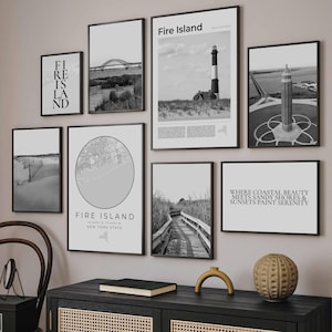 Fire Island New York Print Set Of 8, Black and White Fire Island Wall Art Photo, Fire Island Map, Fire Island Gift Fire Island Travel Poster