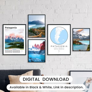 Lot de 5 impression numérique Patagonie, carte de la Patagonie, affiche de la Patagonie, art mural Patagonie, photo Argentine, déco Torres del Paine, voyage au Chili