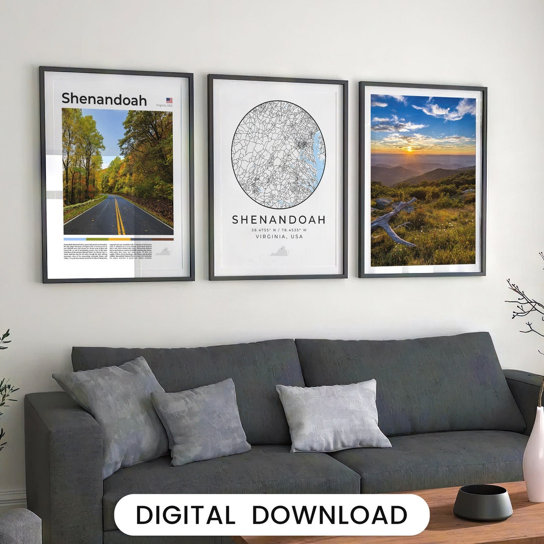 Digital Shenandoah National Park Poster Set of 3, Shenandoah Map Print