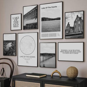 Lake of the Ozarks Black and White Lake Print Set of 8, Ozarks Map Poster, Lake Ozarks Wall Art Photo Missouri Gift, Lake Ozark Travel Decor
