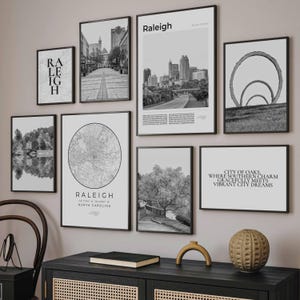 Raleigh NC Black and White Print Set Of 8, Digital Raleigh Map Decor, Raleigh Wall Art Photo Skyline, Raleigh Travel Poster, Raleigh Gifts