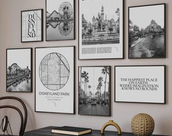 Disneyland Park Black and White Print Set Of 8, Disneyland Park Wall Art Poster, Disneyland Park Gift, California Disneyland Park Map Decor
