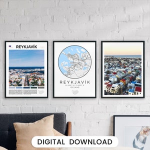 Digitaler Reykjavik Print, Island Karte Poster, Isländisches Europa Abenteuer Reisekunst, Reykjavík Karte Kunst, Skandinavische Nordische 3er Set Wandkunst