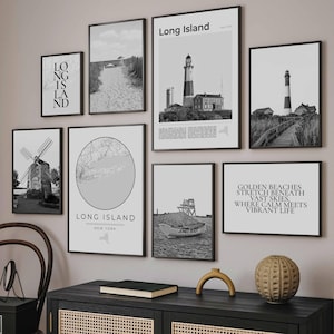 Digital Long Island Black and White Print Set of 8, Long Island Map, Long Island Wall Art Decor Long Island Gifts, Long Island Travel Poster