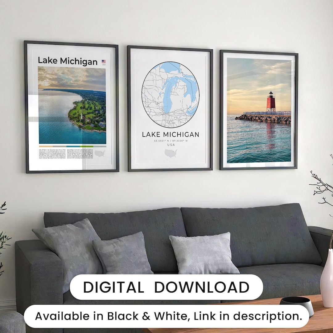 Digital Lake Michigan Print Set of 3, Lake Michigan Map Wall Art, Lake