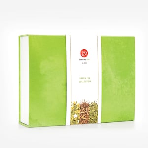 May include: A green box with a white label that says "Senbird Tea" and "Green Tea Collection". The label also has a red bird logo. The box is on a white background.